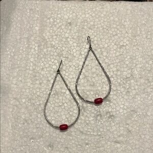 Elegant Silver Teardrop Earrings with Red Bead